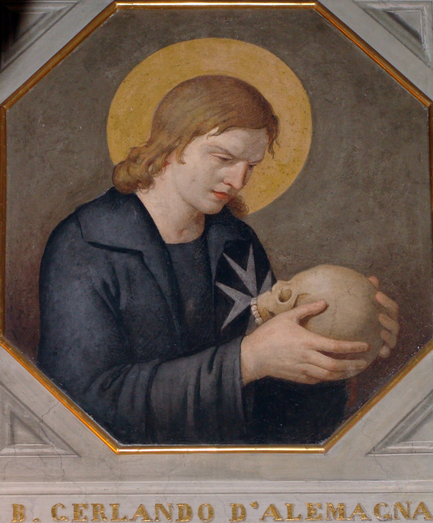 Blessed Gerland holding a skull in contemplation