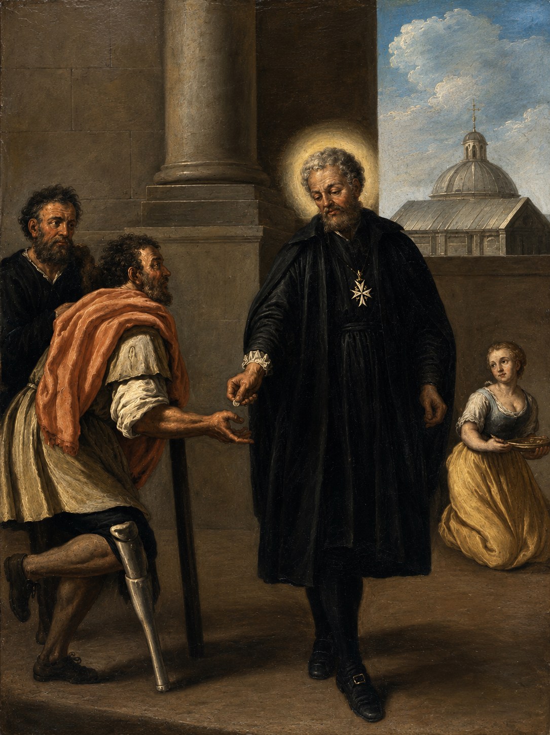 Digitally enhanced historical depiction of García Martínez giving alms