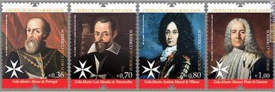 Four Malta postage stamps depicting Grand Masters including António Manoel de Vilhena
